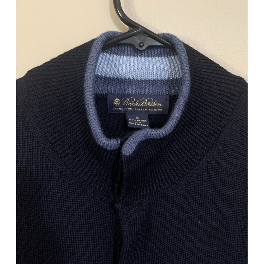 Brooks Brothers Extra Fine Italian Merino Wool Sweater Navy 1/4 Button Up Mens M - Picture 7 of 16